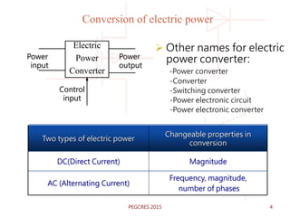 Conversion of electric power
 Other names for electric
power converter:
-Power converter
-Converter
-Switching converter
-Power electronic circuit
-Power electronic converter
Electric
Power
Converter
Power
output
Power
input
Control
input
Frequency, magnitude,
number of phases
AC (Alternating Current)
MagnitudeDC(Direct Current)
Changeable properties in
conversion
Two types of electric power
4PEGCRES 2015
 