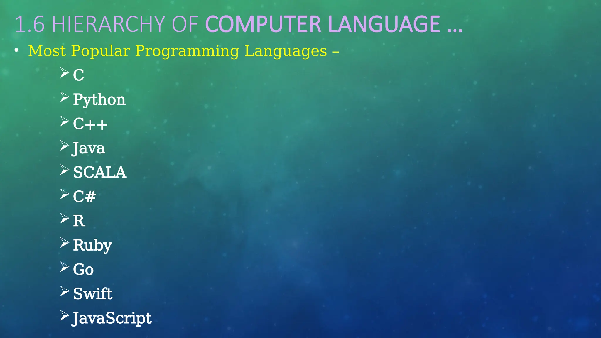 1.6 HIERARCHY OF COMPUTER LANGUAGE …
• Most Popular Programming Languages –
C
Python
C++
Java
SCALA
C#
R
Ruby
Go
Swift
JavaScript
 