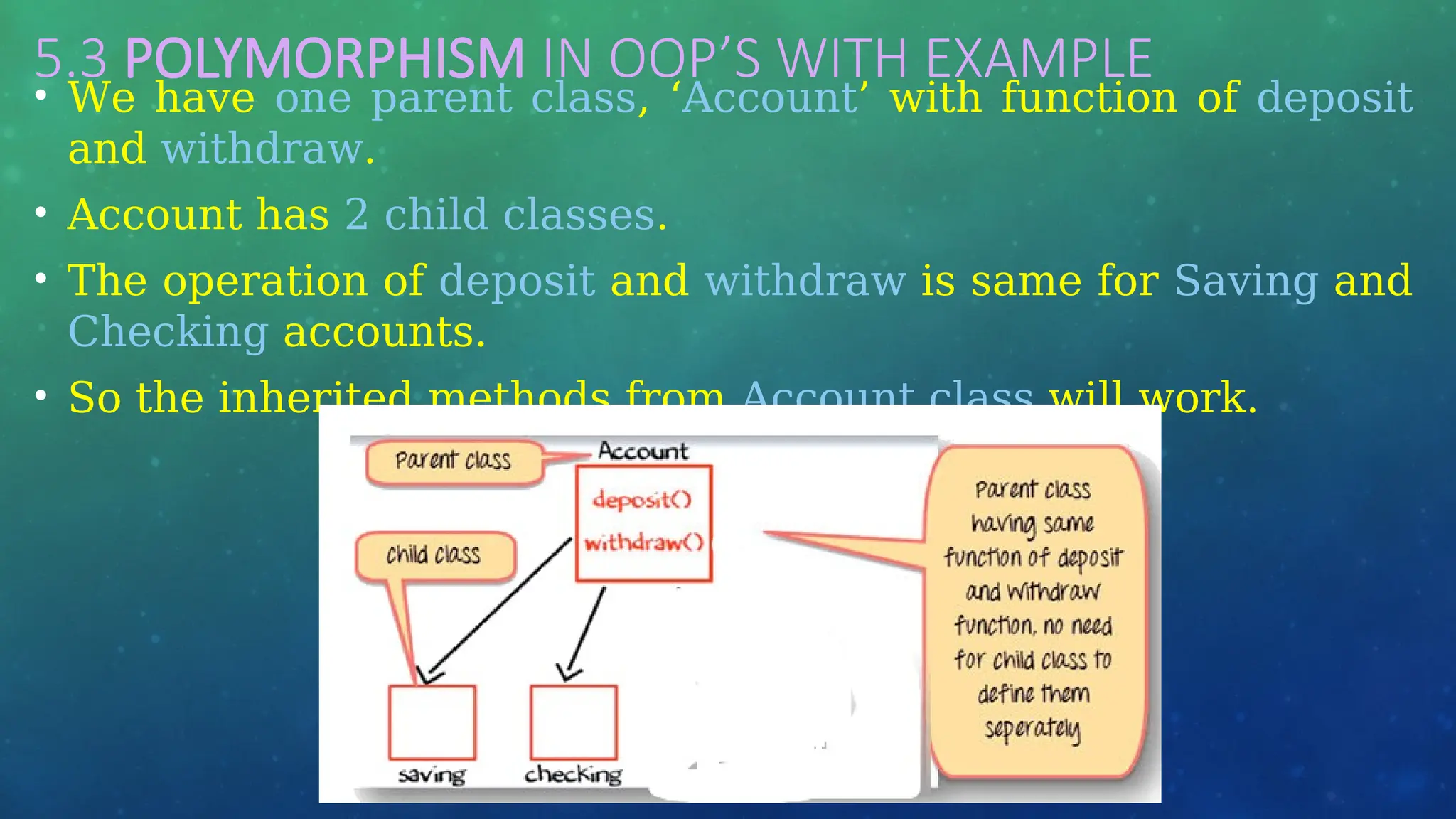 5.3 POLYMORPHISM IN OOP’S WITH EXAMPLE
• We have one parent class, ‘Account’ with function of deposit
and withdraw.
• Account has 2 child classes.
• The operation of deposit and withdraw is same for Saving and
Checking accounts.
• So the inherited methods from Account class will work.
 