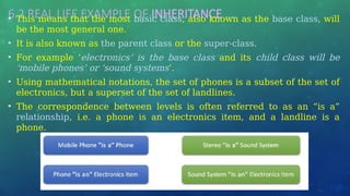 6.2 REAL LIFE EXAMPLE OF INHERITANCE …
• This means that the most basic class, also known as the base class, will
be the most general one.
• It is also known as the parent class or the super-class.
• For example ‘electronics’ is the base class and its child class will be
‘mobile phones’ or ‘sound systems’.
• Using mathematical notations, the set of phones is a subset of the set of
electronics, but a superset of the set of landlines.
• The correspondence between levels is often referred to as an “is a”
relationship, i.e. a phone is an electronics item, and a landline is a
phone.
 