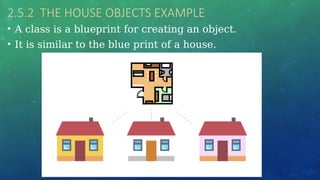2.5.2 THE HOUSE OBJECTS EXAMPLE
• A class is a blueprint for creating an object.
• It is similar to the blue print of a house.
 