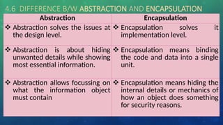 4.6 DIFFERENCE B/W ABSTRACTION AND ENCAPSULATION
Abstraction Encapsulation
 Abstraction solves the issues at
the design level.
 Encapsulation solves it
implementation level.
 Abstraction is about hiding
unwanted details while showing
most essential information.
 Encapsulation means binding
the code and data into a single
unit.
 Abstraction allows focussing on
what the information object
must contain
 Encapsulation means hiding the
internal details or mechanics of
how an object does something
for security reasons.
 