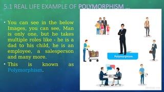 5.1 REAL LIFE EXAMPLE OF POLYMORPHISM …
• You can see in the below
Images, you can see, Man
is only one, but he takes
multiple roles like - he is a
dad to his child, he is an
employee, a salesperson
and many more.
• This is known as
Polymorphism.
 