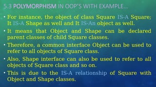 5.3 POLYMORPHISM IN OOP’S WITH EXAMPLE…
• For instance, the object of class Square IS-A Square;
It IS-A Shape as well and It IS-An object as well.
• It means that Object and Shape can be declared
parent classes of child Square classes.
• Therefore, a common interface Object can be used to
refer to all objects of Square class.
• Also, Shape interface can also be used to refer to all
objects of Square class and so on.
• This is due to the IS-A relationship of Square with
Object and Shape classes.
 