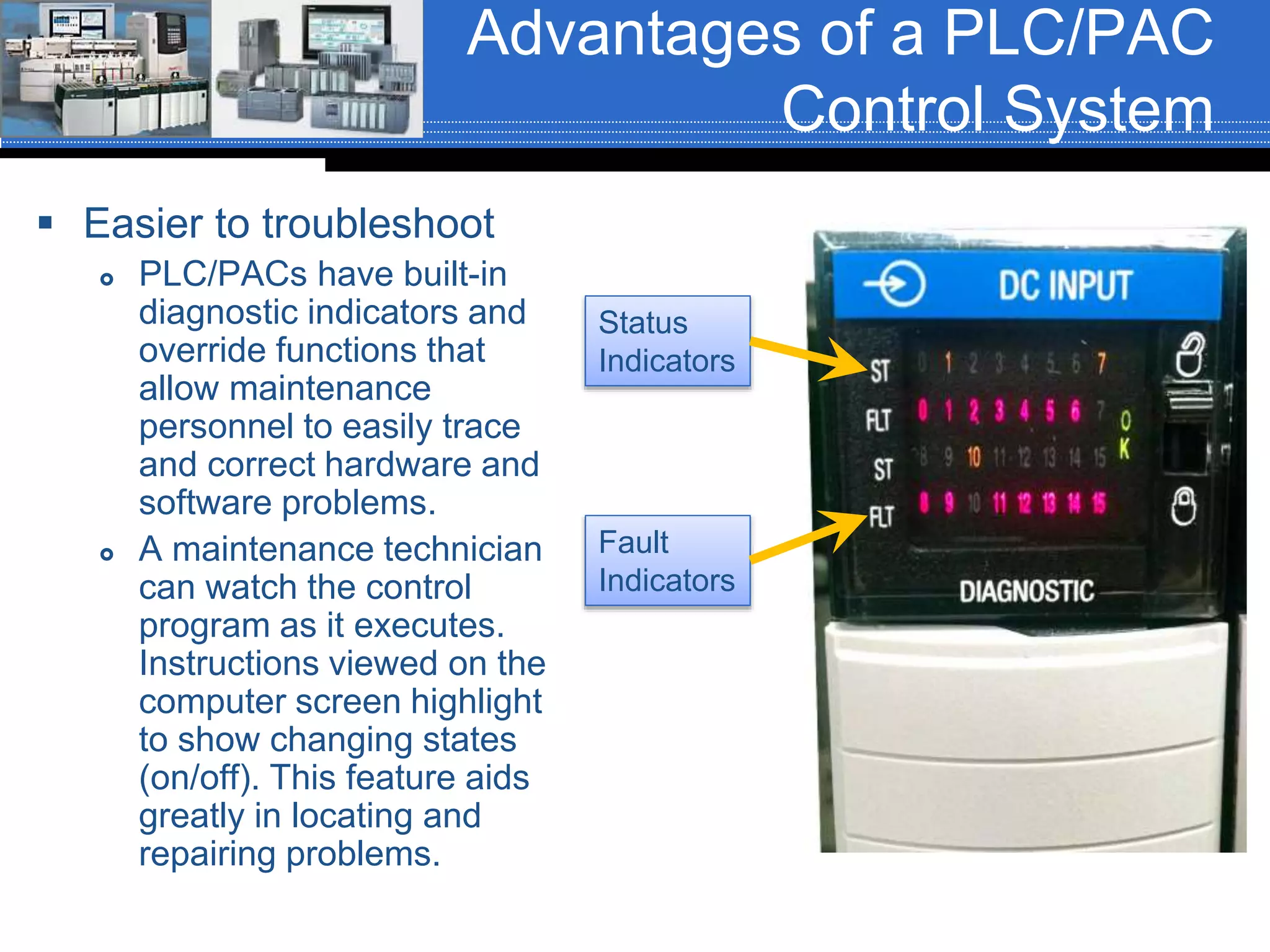 Advantages of a PLC/PAC
Control System
 Easier to troubleshoot
 PLC/PACs have built-in
diagnostic indicators and
override functions that
allow maintenance
personnel to easily trace
and correct hardware and
software problems.
 A maintenance technician
can watch the control
program as it executes.
Instructions viewed on the
computer screen highlight
to show changing states
(on/off). This feature aids
greatly in locating and
repairing problems.
Fault
Indicators
Status
Indicators
 