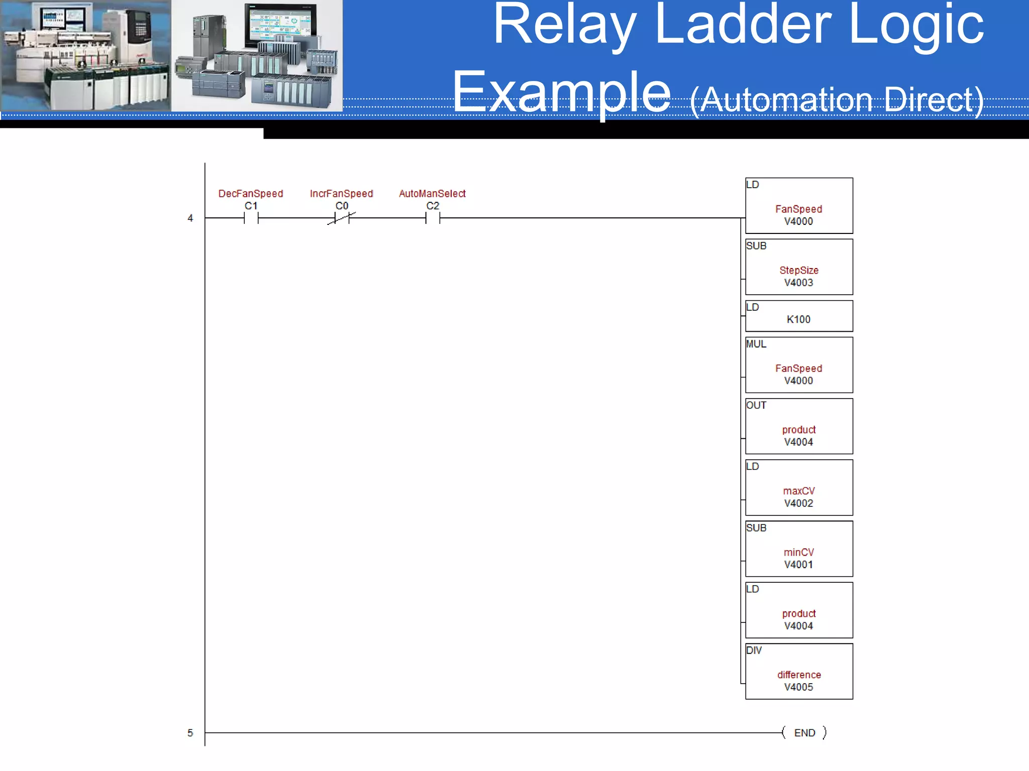 Relay Ladder Logic
Example (Automation Direct)
 