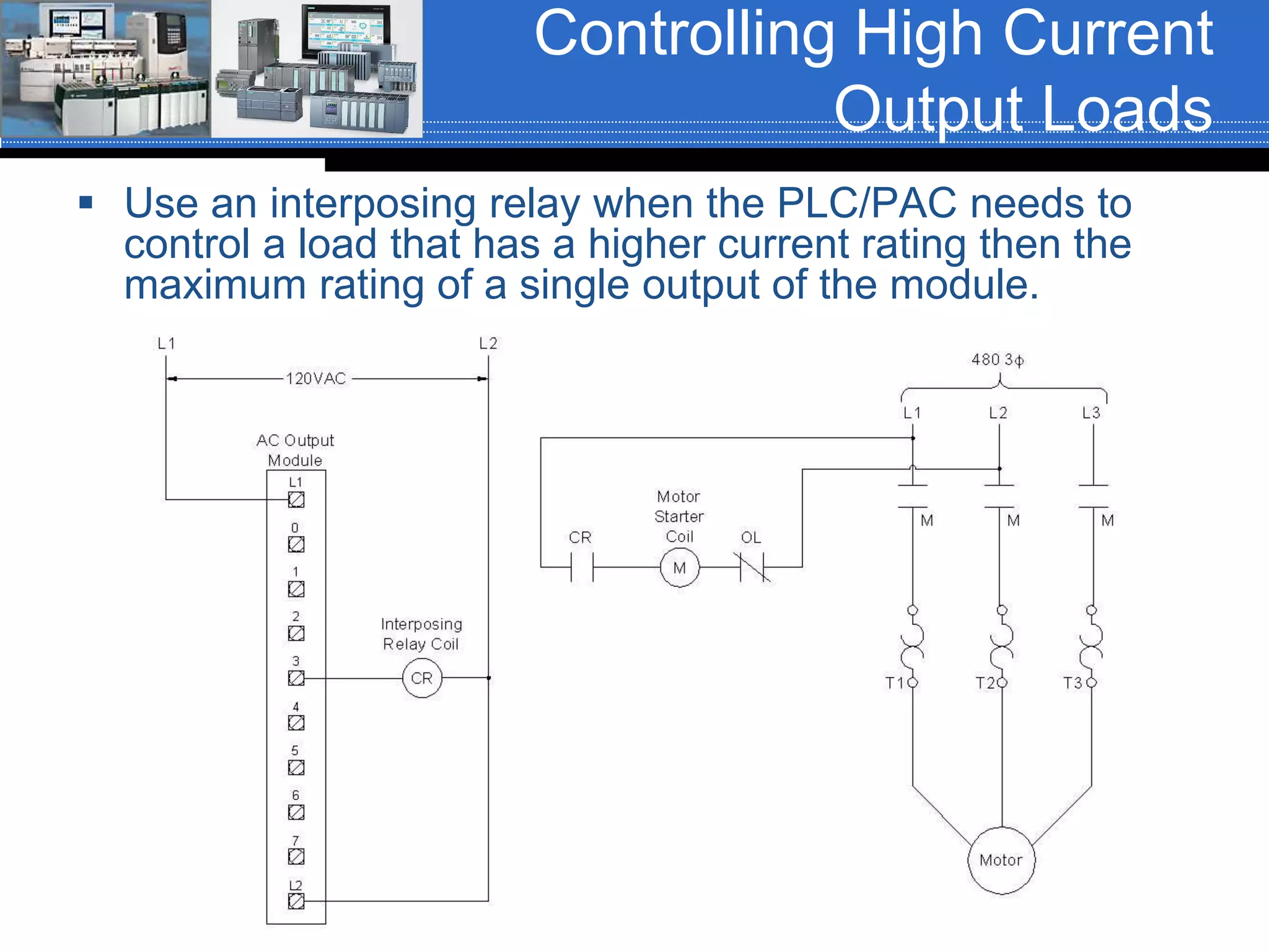 Controlling High Current
Output Loads
 Use an interposing relay when the PLC/PAC needs to
control a load that has a higher current rating then the
maximum rating of a single output of the module.
 
