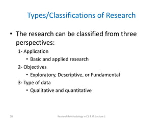 Types/Classifications of Research
• The research can be classified from three
perspectives:
1- Application
• Basic and applied research
2- Objectives
• Exploratory, Descriptive, or Fundamental
3- Type of data
• Qualitative and quantitative
Research Methodology in CS & IT: Lecture 1
30
 