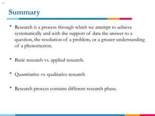 29
Summary
 Research is a process through which we attempt to achieve
systematically and with the support of data the answer to a
question, the resolution of a problem, or a greater understanding
of a phenomenon.
 Basic research vs. applied research.
 Quantitative vs. qualitative research
 Research process contains different research phase.
 