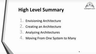 subexpert.com
High Level Summary
1. Envisioning Architecture
2. Creating an Architecture
3. Analyzing Architectures
4. Moving From One System to Many
5
 