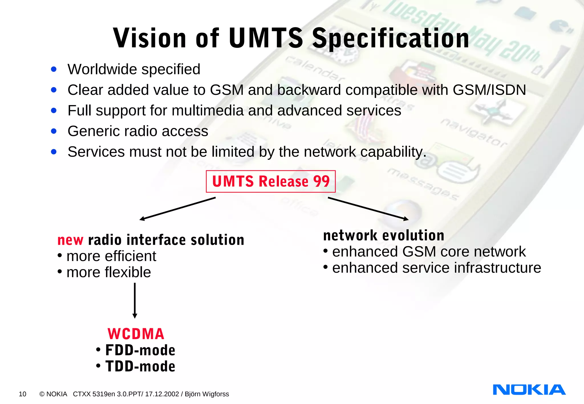 10 © NOKIA CTXX 5319en 3.0.PPT/ 17.12.2002 / Björn Wigforss
Vision of UMTS Specification
• Worldwide specified
• Clear added value to GSM and backward compatible with GSM/ISDN
• Full support for multimedia and advanced services
• Generic radio access
• Services must not be limited by the network capability.
UMTS Release 99
new radio interface solution
• more efficient
• more flexible
WCDMA
• FDD-mode
• TDD-mode
network evolution
• enhanced GSM core network
• enhanced service infrastructure
 