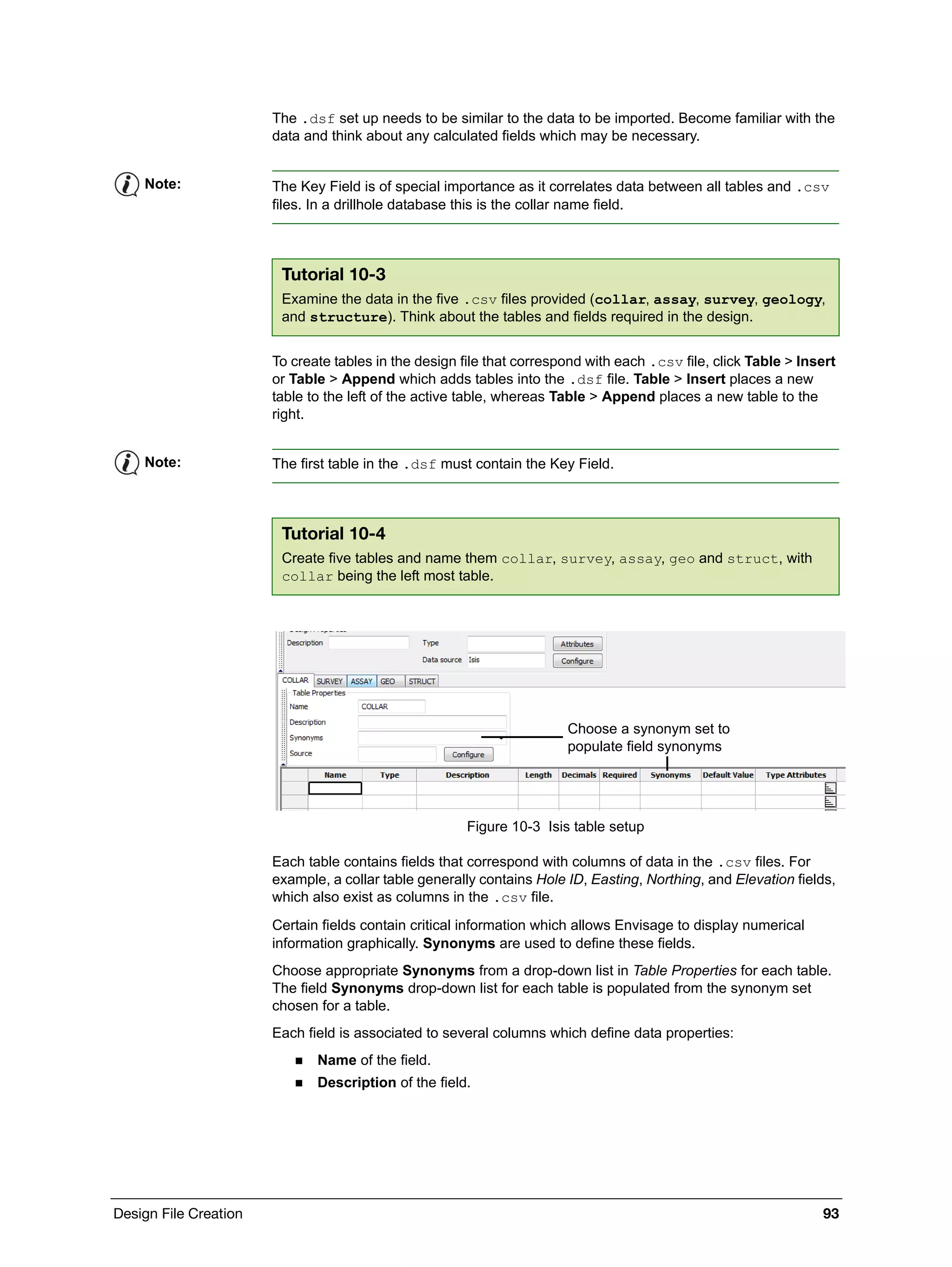 Design File Creation 93
The .dsf set up needs to be similar to the data to be imported. Become familiar with the
data and think about any calculated fields which may be necessary.
To create tables in the design file that correspond with each .csv file, click Table > Insert
or Table > Append which adds tables into the .dsf file. Table > Insert places a new
table to the left of the active table, whereas Table > Append places a new table to the
right.
Figure 10-3 Isis table setup
Each table contains fields that correspond with columns of data in the .csv files. For
example, a collar table generally contains Hole ID, Easting, Northing, and Elevation fields,
which also exist as columns in the .csv file.
Certain fields contain critical information which allows Envisage to display numerical
information graphically. Synonyms are used to define these fields.
Choose appropriate Synonyms from a drop-down list in Table Properties for each table.
The field Synonyms drop-down list for each table is populated from the synonym set
chosen for a table.
Each field is associated to several columns which define data properties:
 Name of the field.
 Description of the field.
Note: The Key Field is of special importance as it correlates data between all tables and .csv
files. In a drillhole database this is the collar name field.
Tutorial 10-3
Examine the data in the five .csv files provided (collar, assay, survey, geology,
and structure). Think about the tables and fields required in the design.
Note: The first table in the .dsf must contain the Key Field.
Tutorial 10-4
Create five tables and name them collar, survey, assay, geo and struct, with
collar being the left most table.
Choose a synonym set to
populate field synonyms
 