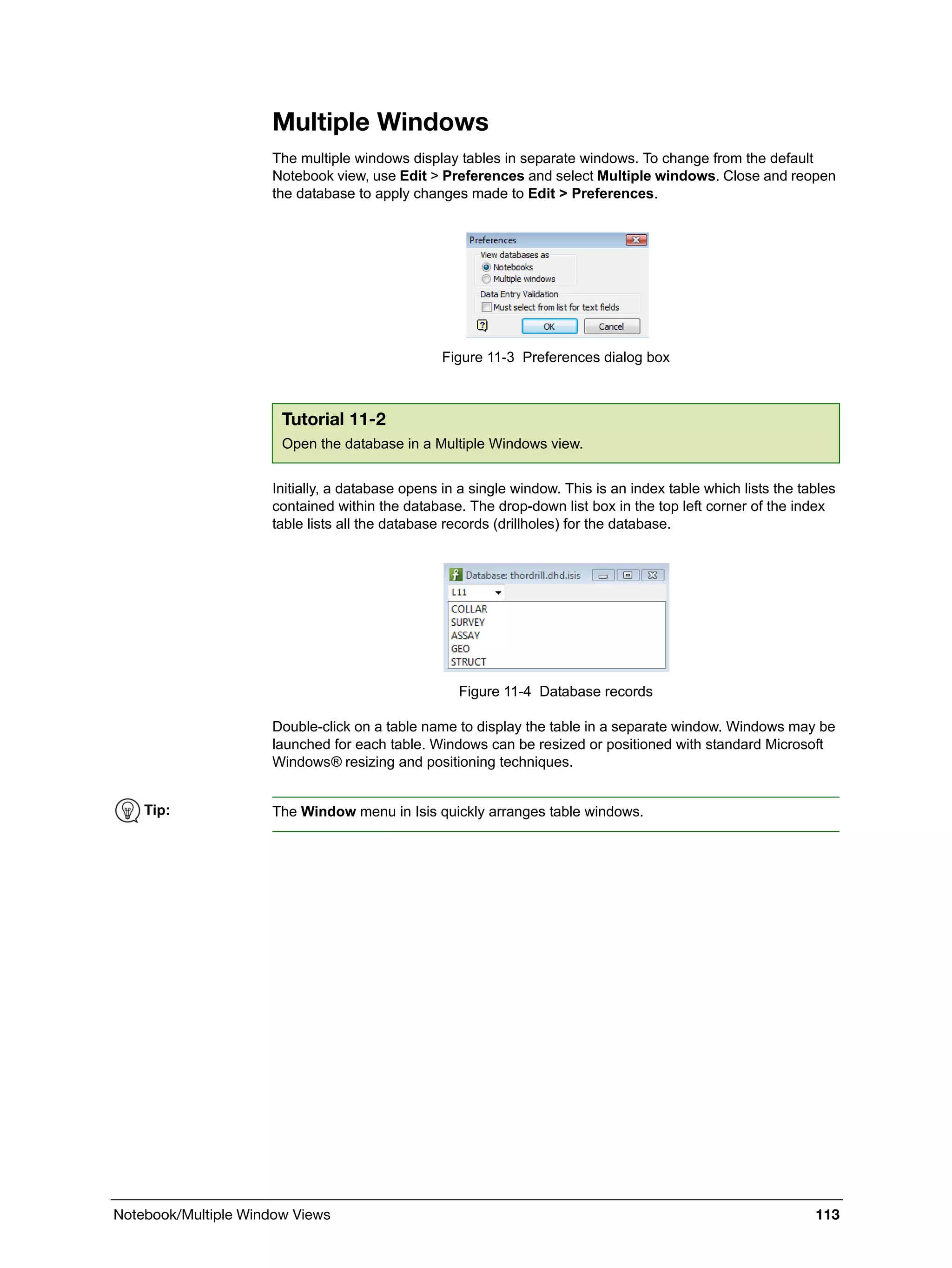 Notebook/Multiple Window Views 113
Multiple Windows
The multiple windows display tables in separate windows. To change from the default
Notebook view, use Edit > Preferences and select Multiple windows. Close and reopen
the database to apply changes made to Edit > Preferences.
Figure 11-3 Preferences dialog box
Initially, a database opens in a single window. This is an index table which lists the tables
contained within the database. The drop-down list box in the top left corner of the index
table lists all the database records (drillholes) for the database.
Figure 11-4 Database records
Double-click on a table name to display the table in a separate window. Windows may be
launched for each table. Windows can be resized or positioned with standard Microsoft
Windows® resizing and positioning techniques.
Tutorial 11-2
Open the database in a Multiple Windows view.
Tip: The Window menu in Isis quickly arranges table windows.
 