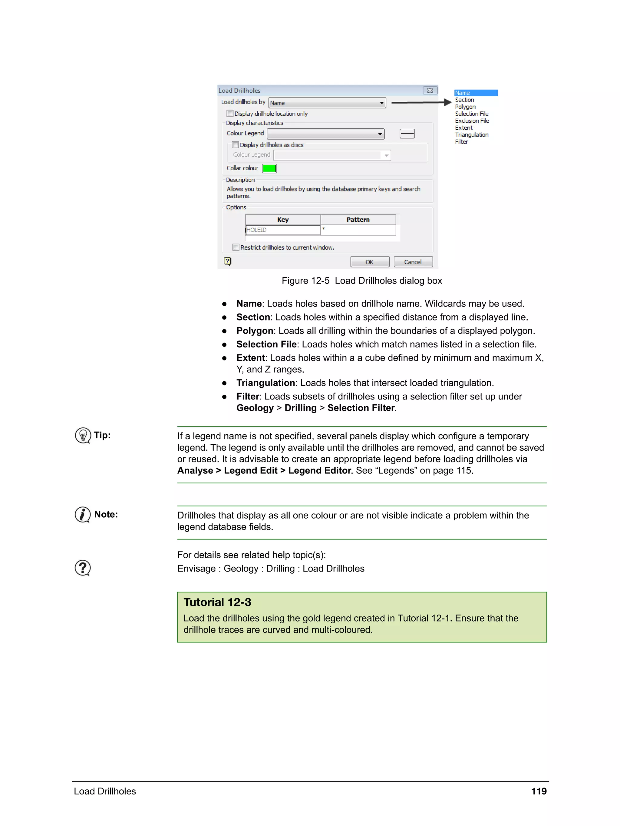 Load Drillholes 119
Figure 12-5 Load Drillholes dialog box
 Name: Loads holes based on drillhole name. Wildcards may be used.
 Section: Loads holes within a specified distance from a displayed line.
 Polygon: Loads all drilling within the boundaries of a displayed polygon.
 Selection File: Loads holes which match names listed in a selection file.
 Extent: Loads holes within a a cube defined by minimum and maximum X,
Y, and Z ranges.
 Triangulation: Loads holes that intersect loaded triangulation.
 Filter: Loads subsets of drillholes using a selection filter set up under
Geology > Drilling > Selection Filter.
Tip: If a legend name is not specified, several panels display which configure a temporary
legend. The legend is only available until the drillholes are removed, and cannot be saved
or reused. It is advisable to create an appropriate legend before loading drillholes via
Analyse > Legend Edit > Legend Editor. See “Legends” on page 115.
Note: Drillholes that display as all one colour or are not visible indicate a problem within the
legend database fields.
For details see related help topic(s):
Envisage : Geology : Drilling : Load Drillholes
Tutorial 12-3
Load the drillholes using the gold legend created in Tutorial 12-1. Ensure that the
drillhole traces are curved and multi-coloured.
 