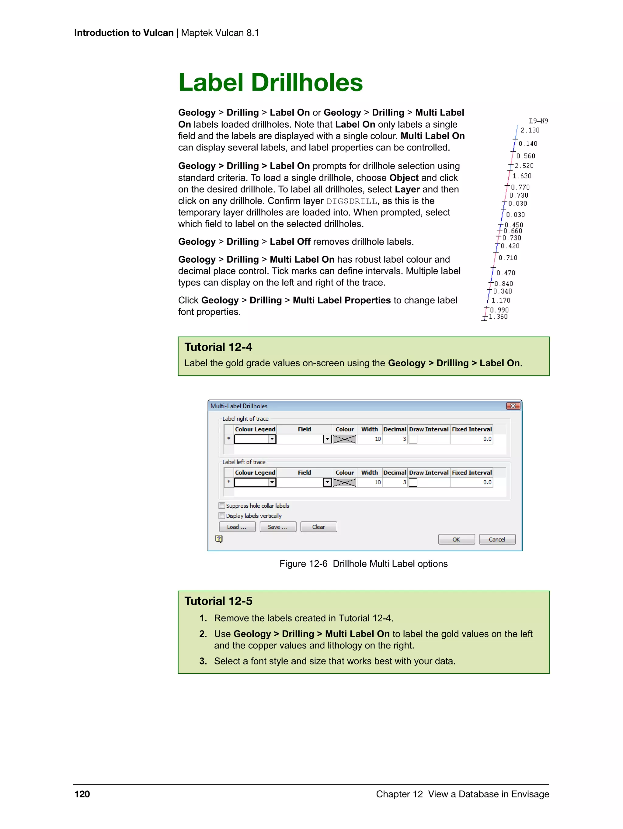 Introduction to Vulcan | Maptek Vulcan 8.1
120 Chapter 12 View a Database in Envisage
Label Drillholes
Geology > Drilling > Label On or Geology > Drilling > Multi Label
On labels loaded drillholes. Note that Label On only labels a single
field and the labels are displayed with a single colour. Multi Label On
can display several labels, and label properties can be controlled.
Geology > Drilling > Label On prompts for drillhole selection using
standard criteria. To load a single drillhole, choose Object and click
on the desired drillhole. To label all drillholes, select Layer and then
click on any drillhole. Confirm layer DIG$DRILL, as this is the
temporary layer drillholes are loaded into. When prompted, select
which field to label on the selected drillholes.
Geology > Drilling > Label Off removes drillhole labels.
Geology > Drilling > Multi Label On has robust label colour and
decimal place control. Tick marks can define intervals. Multiple label
types can display on the left and right of the trace.
Click Geology > Drilling > Multi Label Properties to change label
font properties.
Figure 12-6 Drillhole Multi Label options
Tutorial 12-4
Label the gold grade values on-screen using the Geology > Drilling > Label On.
Tutorial 12-5
1. Remove the labels created in Tutorial 12-4.
2. Use Geology > Drilling > Multi Label On to label the gold values on the left
and the copper values and lithology on the right.
3. Select a font style and size that works best with your data.
 
