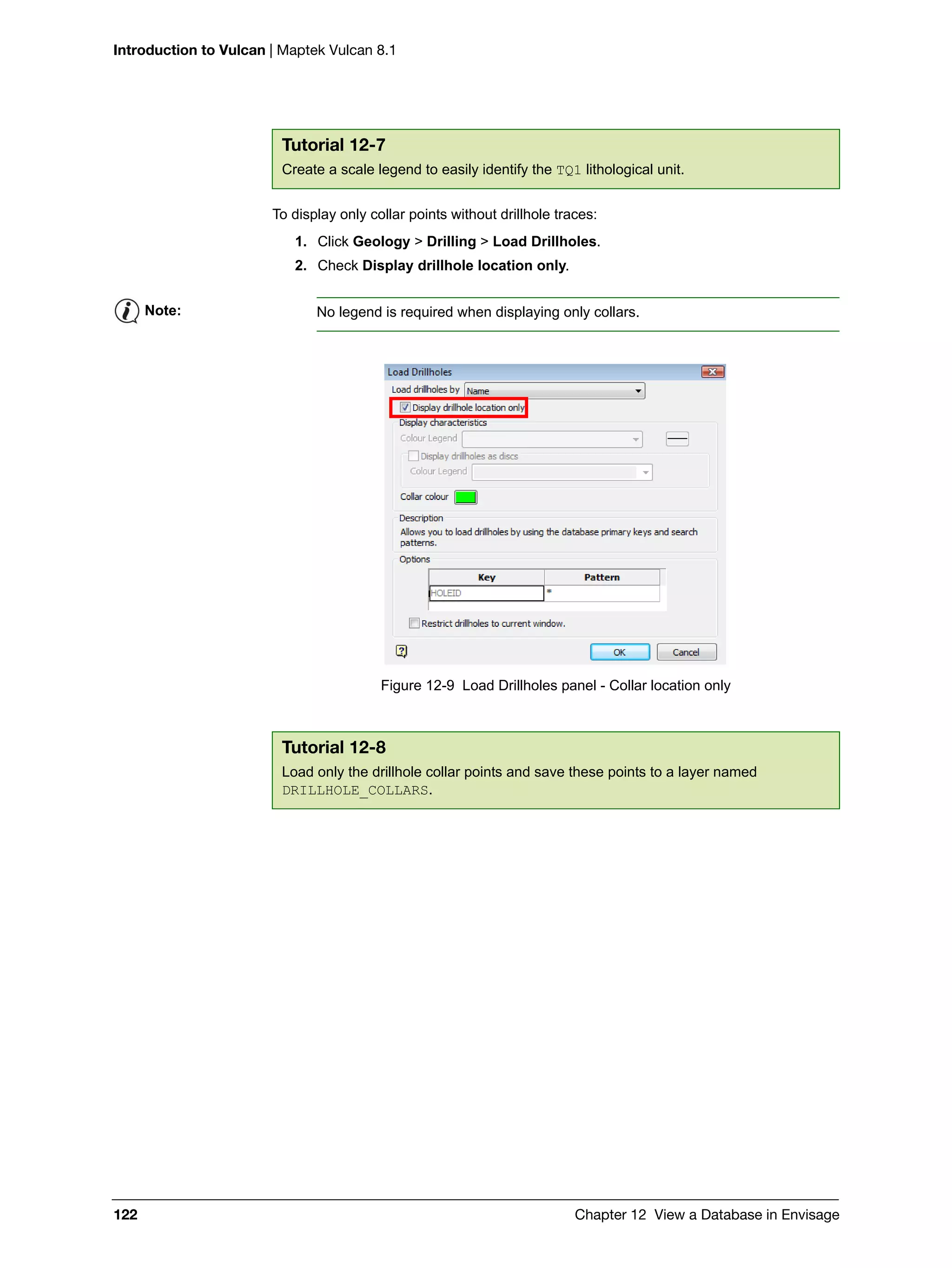 Introduction to Vulcan | Maptek Vulcan 8.1
122 Chapter 12 View a Database in Envisage
To display only collar points without drillhole traces:
1. Click Geology > Drilling > Load Drillholes.
2. Check Display drillhole location only.
Figure 12-9 Load Drillholes panel - Collar location only
Tutorial 12-7
Create a scale legend to easily identify the TQ1 lithological unit.
Note: No legend is required when displaying only collars.
Tutorial 12-8
Load only the drillhole collar points and save these points to a layer named
DRILLHOLE_COLLARS.
 