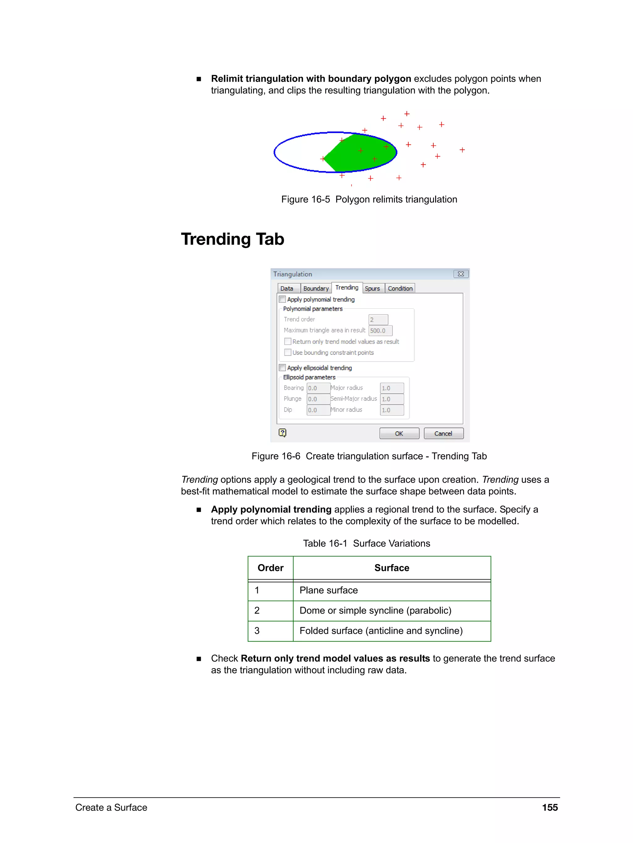 Create a Surface 155
 Relimit triangulation with boundary polygon excludes polygon points when
triangulating, and clips the resulting triangulation with the polygon.
Figure 16-5 Polygon relimits triangulation
Trending Tab
Figure 16-6 Create triangulation surface - Trending Tab
Trending options apply a geological trend to the surface upon creation. Trending uses a
best-fit mathematical model to estimate the surface shape between data points.
 Apply polynomial trending applies a regional trend to the surface. Specify a
trend order which relates to the complexity of the surface to be modelled.
 Check Return only trend model values as results to generate the trend surface
as the triangulation without including raw data.
Table 16-1 Surface Variations
Order Surface
1 Plane surface
2 Dome or simple syncline (parabolic)
3 Folded surface (anticline and syncline)
 
