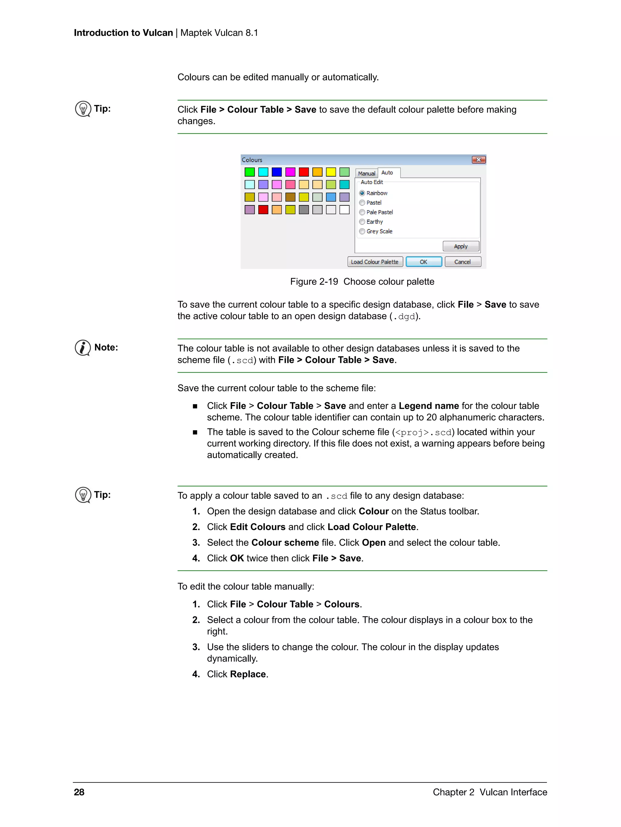 Introduction to Vulcan | Maptek Vulcan 8.1
28 Chapter 2 Vulcan Interface
Colours can be edited manually or automatically.
Figure 2-19 Choose colour palette
To save the current colour table to a specific design database, click File > Save to save
the active colour table to an open design database (.dgd).
Save the current colour table to the scheme file:
 Click File > Colour Table > Save and enter a Legend name for the colour table
scheme. The colour table identifier can contain up to 20 alphanumeric characters.
 The table is saved to the Colour scheme file (<proj>.scd) located within your
current working directory. If this file does not exist, a warning appears before being
automatically created.
To edit the colour table manually:
1. Click File > Colour Table > Colours.
2. Select a colour from the colour table. The colour displays in a colour box to the
right.
3. Use the sliders to change the colour. The colour in the display updates
dynamically.
4. Click Replace.
Tip: Click File > Colour Table > Save to save the default colour palette before making
changes.
Note: The colour table is not available to other design databases unless it is saved to the
scheme file (.scd) with File > Colour Table > Save.
Tip: To apply a colour table saved to an .scd file to any design database:
1. Open the design database and click Colour on the Status toolbar.
2. Click Edit Colours and click Load Colour Palette.
3. Select the Colour scheme file. Click Open and select the colour table.
4. Click OK twice then click File > Save.
 