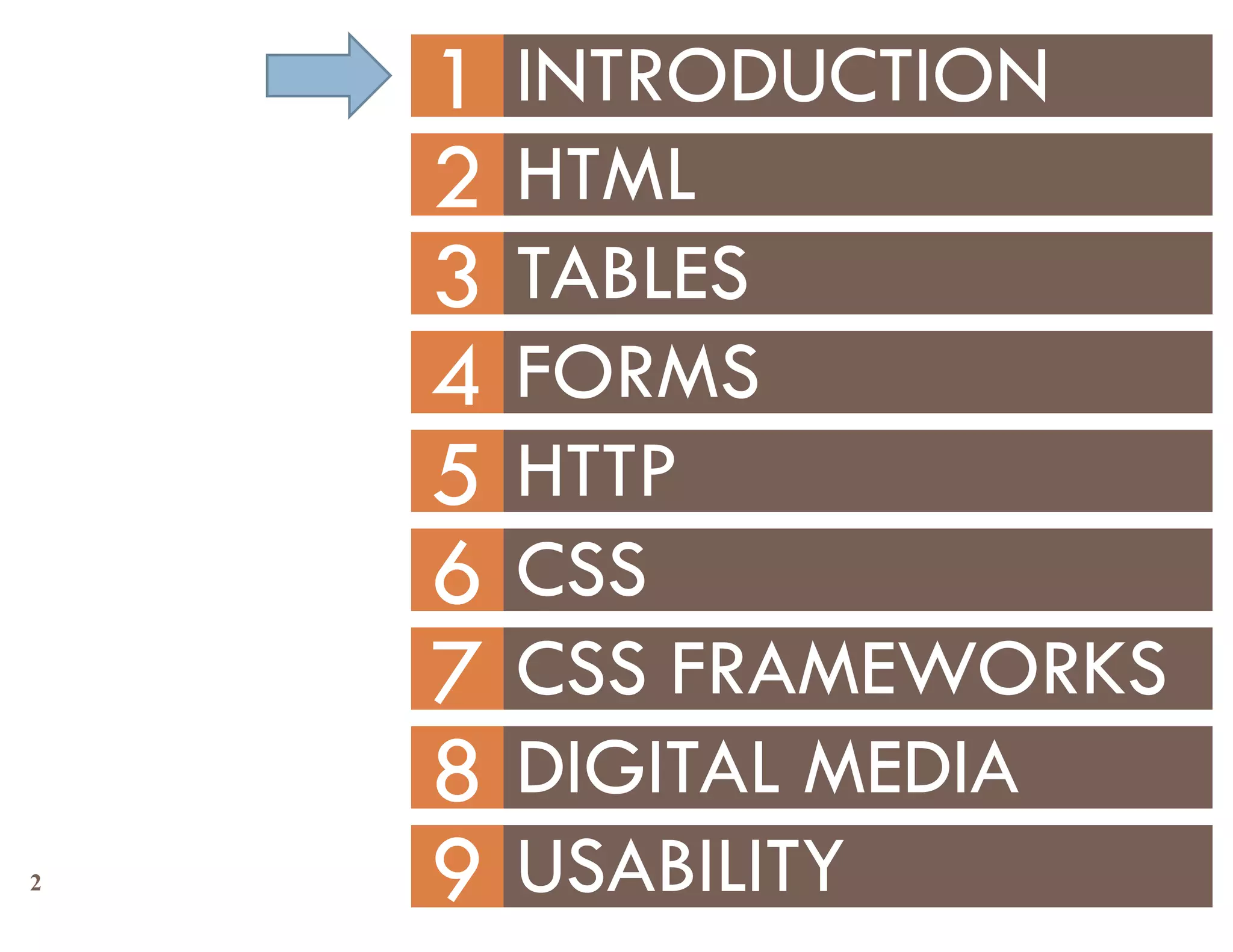 1   INTRODUCTION
    2   HTML
    3   TABLES
    4   FORMS
    5   HTTP
    6   CSS
    7   CSS FRAMEWORKS
    8   DIGITAL MEDIA
2   9   USABILITY
 