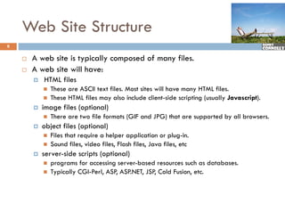 Web Site Structure
8

       A web site is typically composed of many fil
            b it i t i ll              d f       files.
       A web site will have:
           HTML files
               These are ASCII text files. Most sites will have many HTML files.
               These HTML files may also include client-side scripting (usually Javascript).
           image files (optional)
               g        ( p      )
               There are two file formats (GIF and JPG) that are supported by all browsers.
           object files (optional)
               Files that require a helper application or plug-in.
                                                              plug in.
               Sound files, video files, Flash files, Java files, etc
           server-side scripts (optional)
               programs for accessing server-based resources such as databases
                                                                         databases.
               Typically CGI-Perl, ASP, ASP.NET, JSP, Cold Fusion, etc.
 