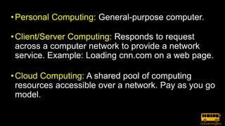 •Personal Computing: General-purpose computer.
•Client/Server Computing: Responds to request
across a computer network to provide a network
service. Example: Loading cnn.com on a web page.
•Cloud Computing: A shared pool of computing
resources accessible over a network. Pay as you go
model.
 