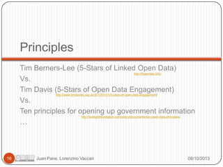 Principles
Tim Berners-Lee (5-Stars of Linked Open Data)
http://5stardata.info/
Vs.
Tim Davis (5-Stars of Open Data Engagement)
http://www.timdavies.org.uk/2012/01/21/5-stars-of-open-data-engagement/
Vs.
Ten principles for opening up government information
http://sunlightfoundation.com/policy/documents/ten-open-data-principles/
…

16

Juan Pane, Lorenzino Vaccari

08/10/2013

 