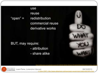 “open” =

use
reuse
redistribution
commercial reuse
derivative works

BUT, may require:
- attribution
- share alike

http://myfbcovers.com/uploads/covers/2012/06/09/16628a1094aa012f7c6e0025902480d2/watermarked_cover.jpg

7

Juan Pane, Lorenzino Vaccari

08/10/2013

J. Gray (OKF): http://www.slideshare.net/jwyg/open-government-data-what-why-how

 