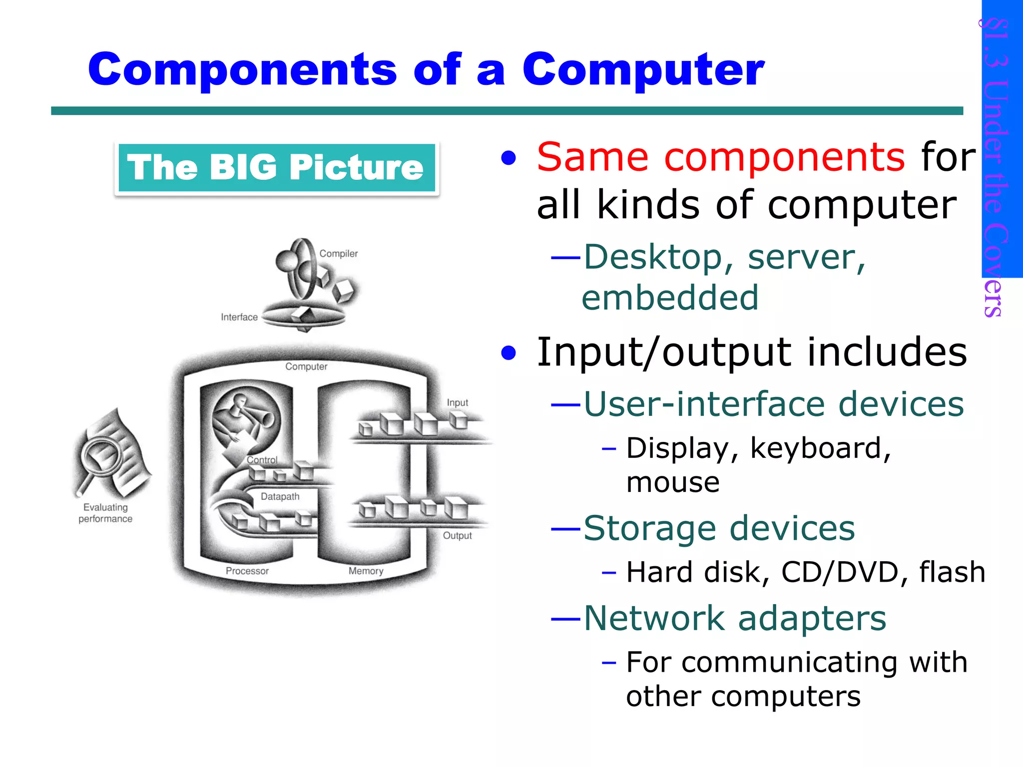 § Under the Covers
                                                    1.3
Components of a Computer

 The BIG Picture   • Same components for
                     all kinds of computer
                     —Desktop, server,
                      embedded
                   • Input/output includes
                     —User-interface devices
                        – Display, keyboard,
                          mouse
                     —Storage devices
                        – Hard disk, CD/DVD, flash
                     —Network adapters
                        – For communicating with
                          other computers
 