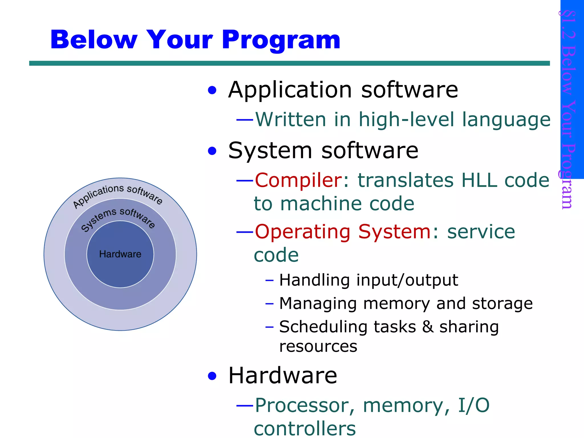 § Below Your Program
                                               1.2
Below Your Program
         • Application software
           —Written in high-level language
         • System software
           —Compiler: translates HLL code
            to machine code
           —Operating System: service
            code
              – Handling input/output
              – Managing memory and storage
              – Scheduling tasks & sharing
                resources
         • Hardware
           —Processor, memory, I/O
            controllers
 