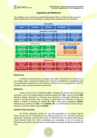 Arquitetura da Plataforma

“Na realidade, como é colocado em [Android Developers 2012], o Android é mais do que um
sistema operacional. Ele é na verdade um software stack composto por cinco camadas.”




Núcleo Linux

       O Android é construído sobre uma base muito sólida: o kernel do Linux (versão 2.6). O
Linux abstrai toda a camada de hardware para o Android, possibilitando a portabilidade para
uma grande gama de plataformas. Internamente o Android usa o Linux pra gerenciar memória,
processos, rede, e serviços de sistema operacional.

Bibliotecas

         Acima do kernel ficam as bibliotecas C/C++ utilizadas por diversos dos componentes
do sistema, como: uma implementação da biblioteca padrão do C (libc), mas com licença BSD
(Berkeley Software Distribution) e otimizada para dispositivos embarcados; bibliotecas para
suporte a formatos de áudio, vídeo e imagens; um gerenciador que intermedia o acesso ao
display e compõe as camadas de imagem 2D e 3D; o engine para navegadores WebKit;
bibliotecas para gráficos 2D (SGL) e 3D (OpenGL ES); um renderizador de fontes bitmap e
vetoriais; e o banco de dados relacional SQLite.

Android Tempo/ Execução

         No Android, aplicações escritas em Java são executadas em sua própria máquina
virtual, que por sua vez é executada em seu próprio processo no Linux, isolando-a de futuras
aplicações e facilitando o controle de recursos. O Android Runtime é composto pela máquina
virtual chamada Dalvik VM, onde as aplicações são executadas, e por um conjunto de
bibliotecas que fornecem boa parte das funcionalidades encontradas nas bibliotecas padrão do
Java.
 