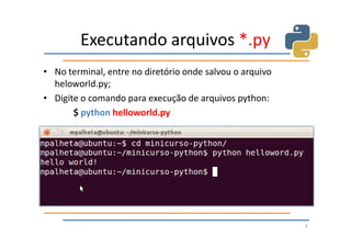 Executando arquivos *.py
• No terminal, entre no diretório onde salvou o arquivo
  heloworld.py;
• Digite o comando para execução de arquivos python:
       $ python helloworld.py




                                                          9
 