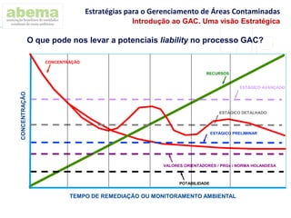 O que pode nos levar a potenciais liability no processo GAC?
TEMPO DE REMEDIAÇÃO OU MONITORAMENTO AMBIENTAL
CONCENTRAÇÃO
CONCENTRAÇÃO
ESTÁGICO PRELIMINAR
ESTÁGICO AVANÇADO
RECURSOS
VALORES ORIENTADORES / PRGs / NORMA HOLANDESA
POTABILIDADE
RBCA TIER IIESTÁGICO DETALHADO
Estratégias para o Gerenciamento de Áreas Contaminadas
Introdução ao GAC. Uma visão Estratégica
 