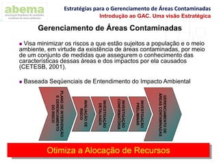 Gerenciamento de Áreas Contaminadas
 Visa minimizar os riscos a que estão sujeitos a população e o meio
ambiente, em virtude da existência de áreas contaminadas, por meio
de um conjunto de medidas que assegurem o conhecimento das
características dessas áreas e dos impactos por ela causados
(CETESB, 2001).
 Baseada Seqüenciais de Entendimento do Impacto Ambiental
Otimiza a Alocação de Recursos
GERENCIAMENTODE
ÁREASCONTAMINADAS
INVESTIGAÇÃO
PRELIMINAR
INVESTIGAÇÃO
CONFIRMATÓRIA
INVESTIGAÇÃO
DETALHADA
AVALIAÇÃODE
RISCO
PLANODEINTERVENÇÃO
EGERENCIAMENTO
DORISCO
Estratégias para o Gerenciamento de Áreas Contaminadas
Introdução ao GAC. Uma visão Estratégica
 