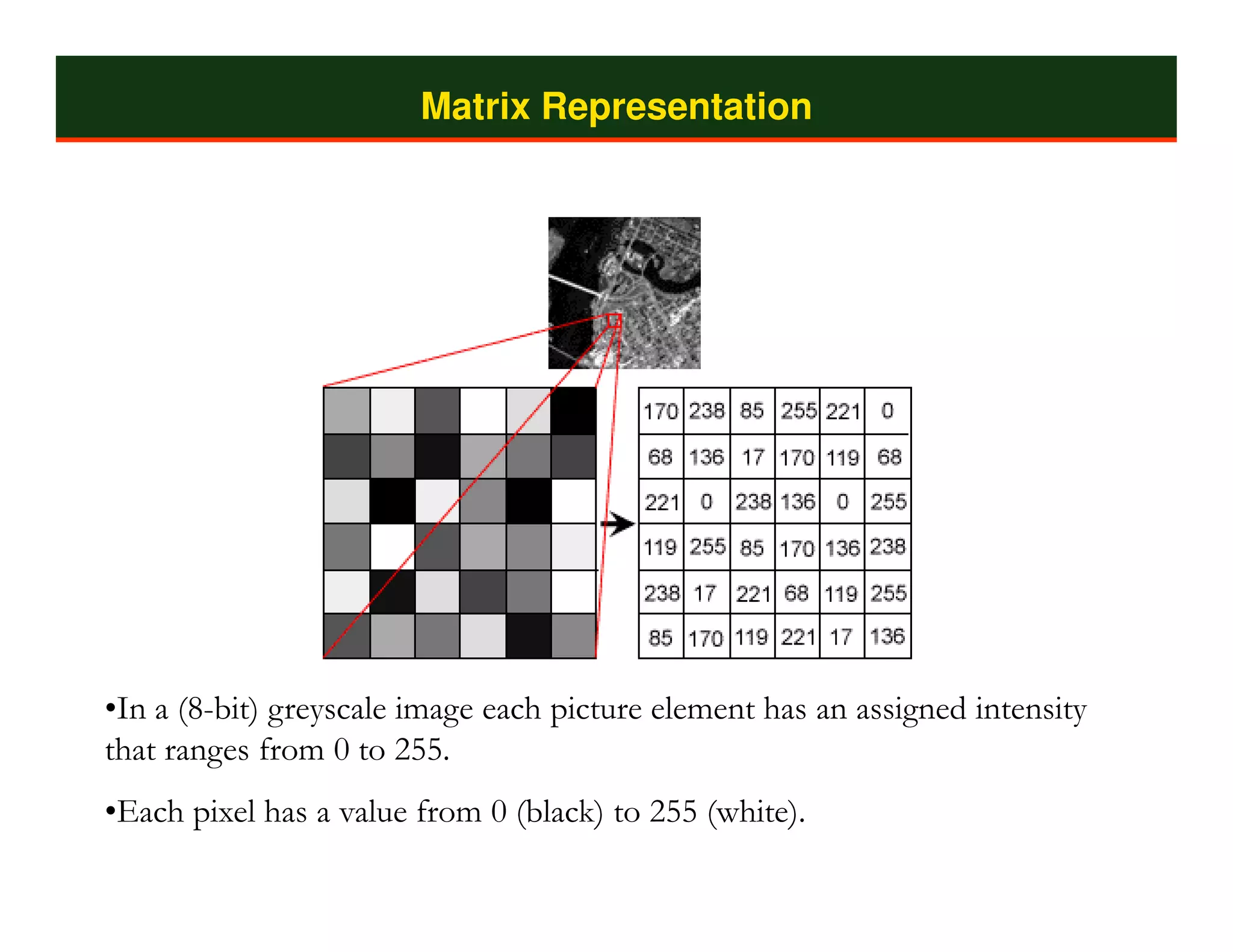 Matrix Representation




•In a (8-bit) greyscale image each picture element has an assigned intensity
that ranges from 0 to 255.
•Each pixel has a value from 0 (black) to 255 (white).
 