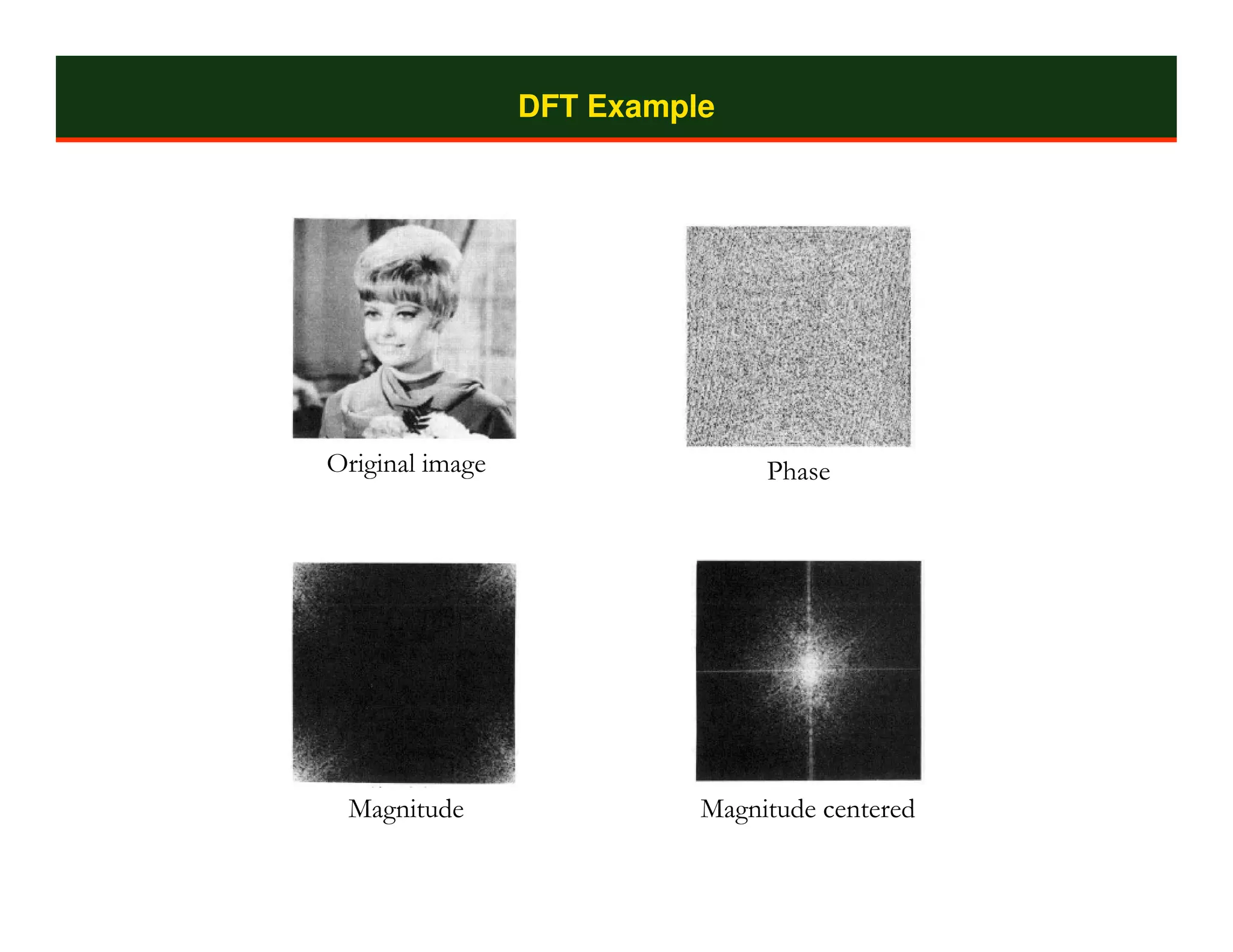 DFT Example




Original image                  Phase




 Magnitude                 Magnitude centered
 