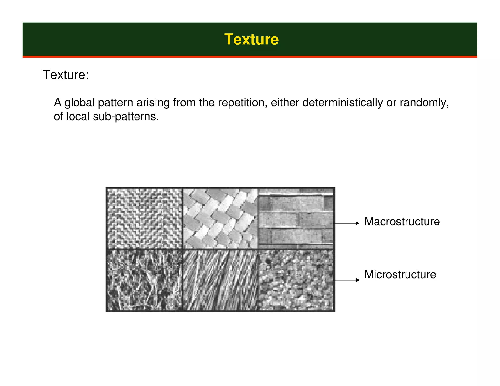 Texture

Texture:

 A global pattern arising from the repetition, either deterministically or randomly,
 of local sub-patterns.




                                                                  Macrostructure



                                                                  Microstructure
 