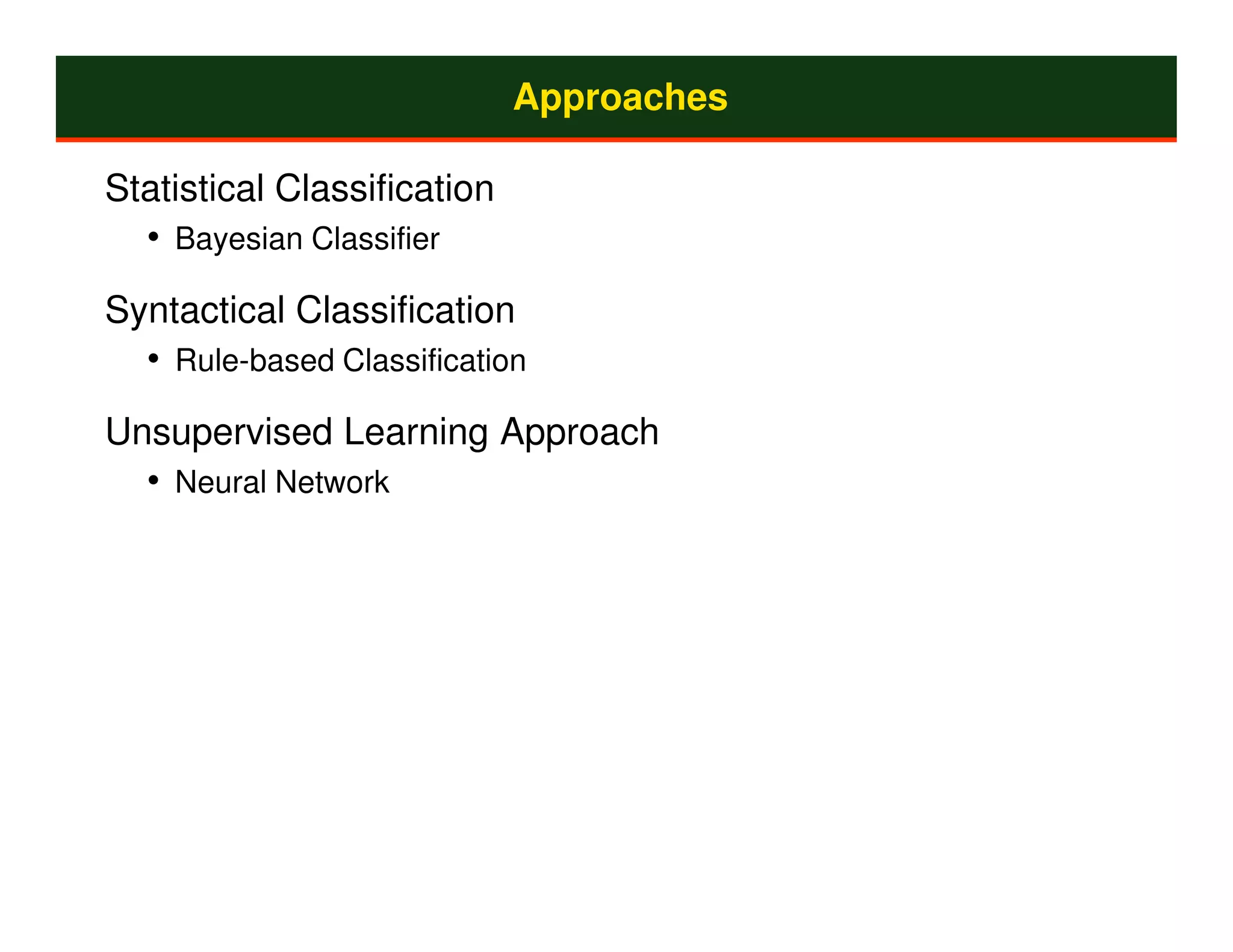 Approaches

Statistical Classification
  • Bayesian Classifier
Syntactical Classification
  • Rule-based Classification
Unsupervised Learning Approach
  • Neural Network
 