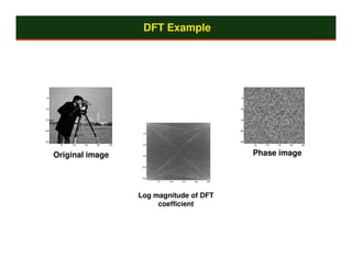 DFT Example




50                                                                      50




100                                                                     100




150                                                                     150




200                                                                     200
                                     50



250                                                                     250
       50   100   150   200   250    100                                      50   100   150   200   250




      Original image                 150
                                                                              Phase image
                                     200




                                     250
                                           50   100   150   200   250




                                    Log magnitude of DFT
                                         coefficient
 