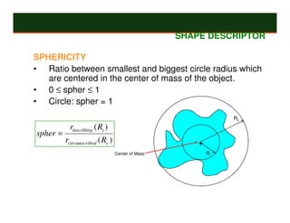 SHAPE DESCRIPTOR

SPHERICITY
• Ratio between smallest and biggest circle radius which
   are centered in the center of mass of the object.
• 0 ≤ spher ≤ 1
• Circle: spher = 1
                                                                Rc
            rinscribing ( Ri )
spher =
          rcircumscribed ( Rc )                        +
                                  Center of Mass           Ri
 