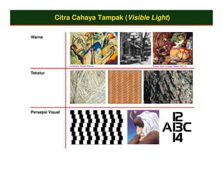 Citra Cahaya Tampak (Visible Light)

Warna




                  Kandinsky: Almost Abstract   Audrey Flack: A Super Realist Still Life


Tekstur




Persepsi Visual
 