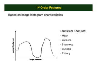 1st Order Features

Based on image histogram characteristics




                                      Statistical Features:
                                      • Mean
                                      • Variance
                                      • Skewness
                                      • Curtosis
                                      • Entropy
 