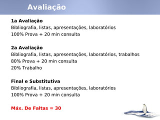 Avaliação
1a Avaliação
Bibliografia, listas, apresentações, laboratórios
100% Prova + 20 min consulta


2a Avaliação
Bibliografia, listas, apresentações, laboratórios, trabalhos
80% Prova + 20 min consulta
20% Trabalho


Final e Substitutiva
Bibliografia, listas, apresentações, laboratórios
100% Prova + 20 min consulta


Máx. De Faltas = 30
 