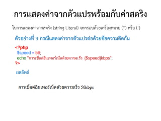 การแสดงค่าจากตัวแปรพร้อมกับค่าสตริง
ในการแสดงค่าจากสตริง (string Literal) จะครอบด้วยเครื่องหมาย (“) หรือ (‘)
 ตัวอย่างที่ 3 กรณีแสดงค่าจากตัวแปรต่อด้วยข้อความติดกัน



  ผลลัพธ์
 