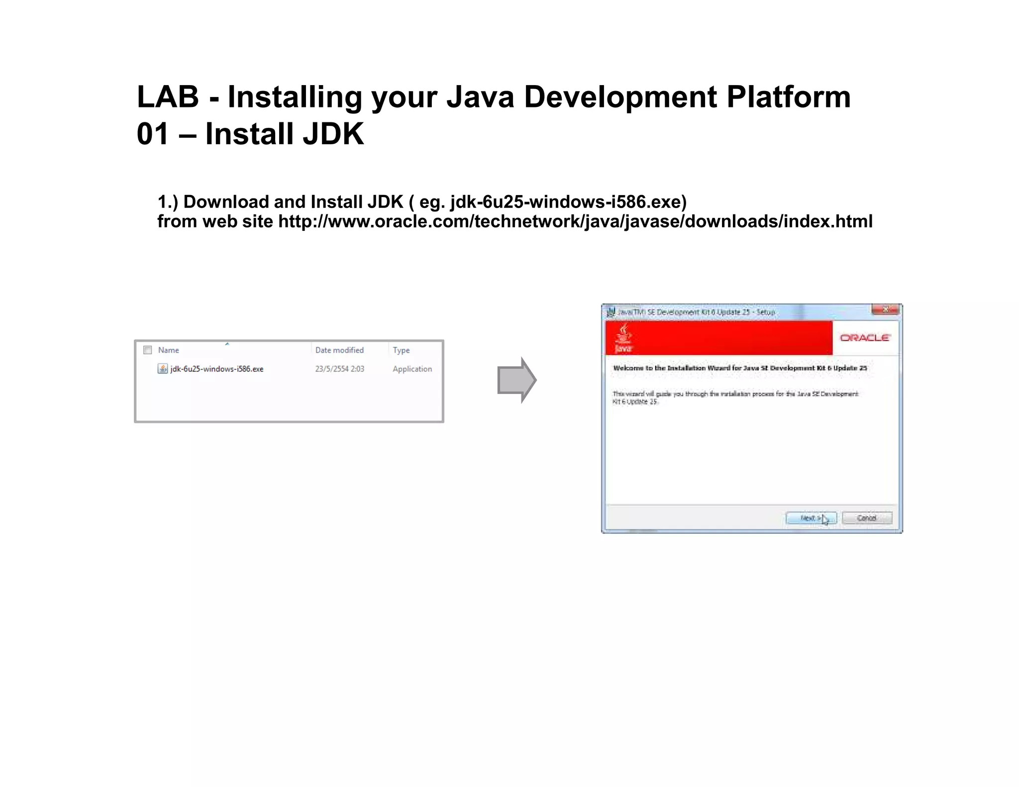 LAB - Installing your Java Development Platform 01 – Install JDK 1.) Download and Install JDK ( eg. jdk-6u25-windows-i586.exe) from web site http://www.oracle.com/technetwork/java/javase/downloads/index.html 