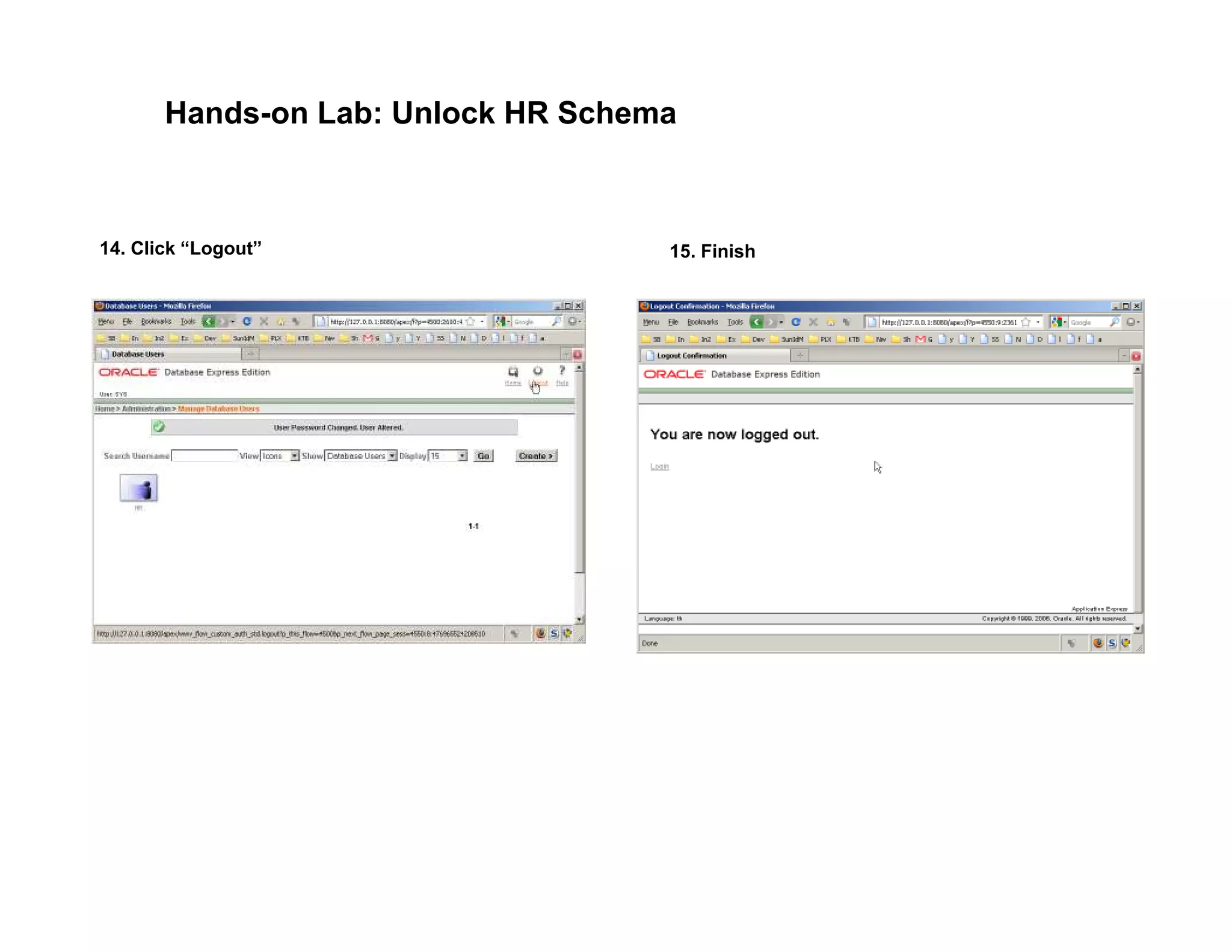 Hands-on Lab: Unlock HR Schema
14. Click “Logout” 15. Finish
 