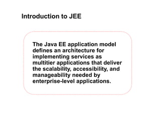 Introduction to JEE
The Java EE application model
defines an architecture for
implementing services as
multitier applications that deliver
the scalability, accessibility, and
manageability needed by
enterprise-level applications.
 