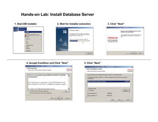 Hands-on Lab: Install Database Server
1. Start DB Installer 2. Wait for Installer extraction 3. Click “Next”
4. Accept Condition and Click “Next” 5. Click “Next”
 