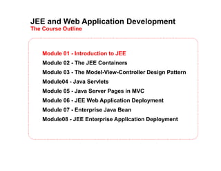 JEE and Web Application Development
The Course Outline
Module 01 - Introduction to JEE
Module 02 - The JEE Containers
Module 03 - The Model-View-Controller Design Pattern
Module04 - Java Servlets
Module 05 - Java Server Pages in MVC
Module 06 - JEE Web Application Deployment
Module 07 - Enterprise Java Bean
Module08 - JEE Enterprise Application Deployment
 