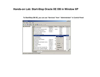 Hands-on Lab: Start-Stop Oracle XE DB in Window XP
To Start/Stop DB XE, you can use “Services” from “ Administrator” in Control Panel
 