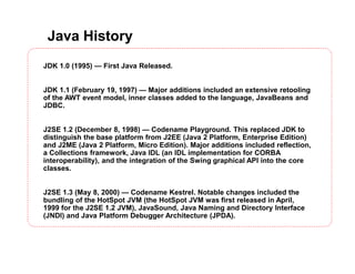 Java History
JDK 1.0 (1995) — First Java Released.
JDK 1.1 (February 19, 1997) — Major additions included an extensive retooling
of the AWT event model, inner classes added to the language, JavaBeans and
JDBC.
J2SE 1.2 (December 8, 1998) — Codename Playground. This replaced JDK to
distinguish the base platform from J2EE (Java 2 Platform, Enterprise Edition)
and J2ME (Java 2 Platform, Micro Edition). Major additions included reflection,
a Collections framework, Java IDL (an IDL implementation for CORBA
interoperability), and the integration of the Swing graphical API into the core
classes.
J2SE 1.3 (May 8, 2000) — Codename Kestrel. Notable changes included the
bundling of the HotSpot JVM (the HotSpot JVM was first released in April,
1999 for the J2SE 1.2 JVM), JavaSound, Java Naming and Directory Interface
(JNDI) and Java Platform Debugger Architecture (JPDA).
 